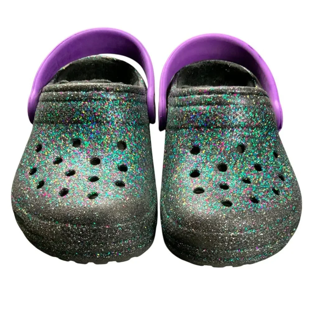 Crocs Kids Classic Glitter Clogs Purple Strap Black Sparkle C7 Toddler Shoes